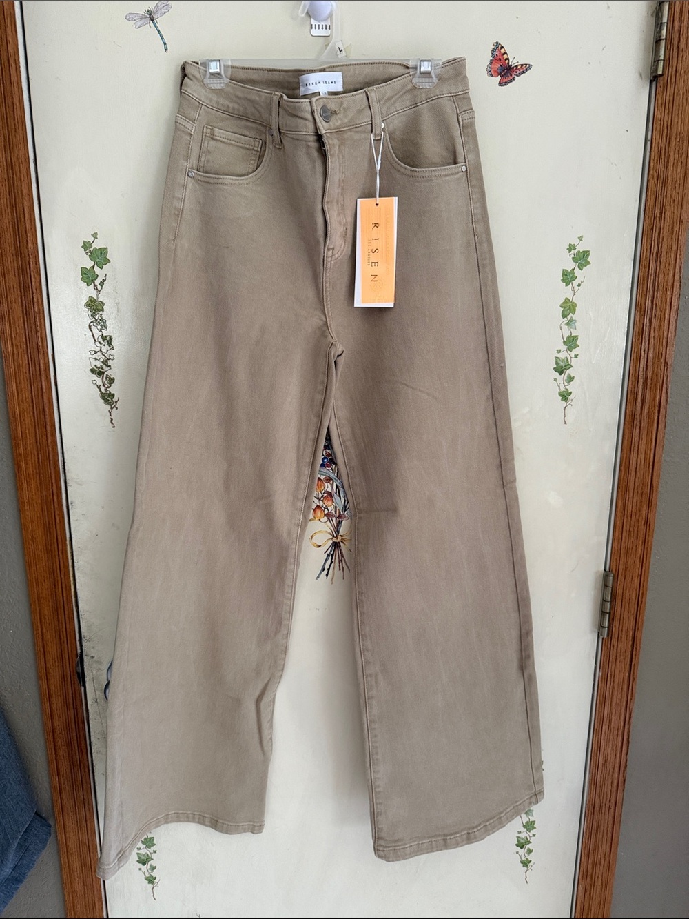 Risen High-Rise Wide-Leg Jeans in Khaki